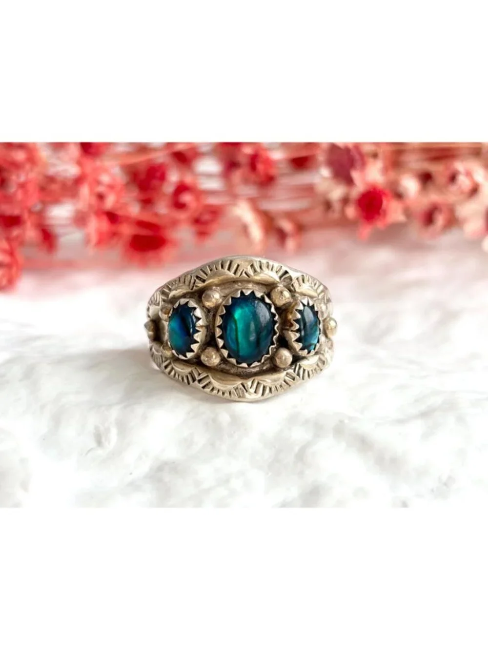 Navajo Blue Abalone Gemstone Southwest Sterling Silver 925 Vintage Ring - sz 10